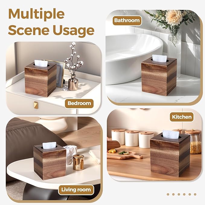 Wood Tissue Box Cover， Acacia Wood Tissue Box Cover Square, Decorative Cube Facial Wooden Tissue Box Holder with Slide-Out Bottom for Bathroom, Bedroom, Dinner Table, Office, Kitchen