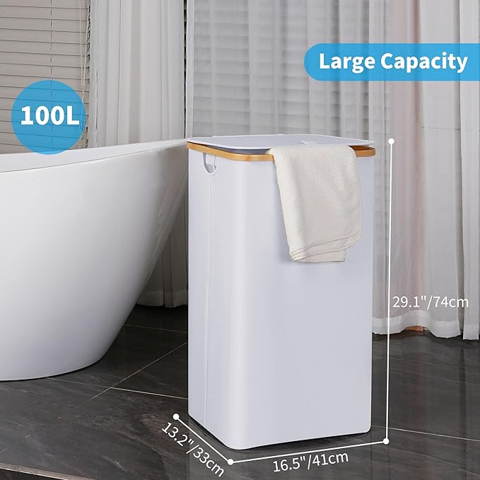 efluky Laundry Hamper with Lid, 100L Tall Laundry Basket with Bamboo Handles for Clothes and Toys, Collapsible Laundry Hamper with Inner Bag for Bedroom and Bathroom, White