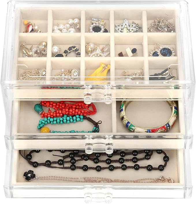 Acrylic Jewelry Organizer Makeup Cosmetic Storage Organizer box Clear Jewelry Case with 3 Drawers Adjustable Jewelry Box Velvet Trays grid size