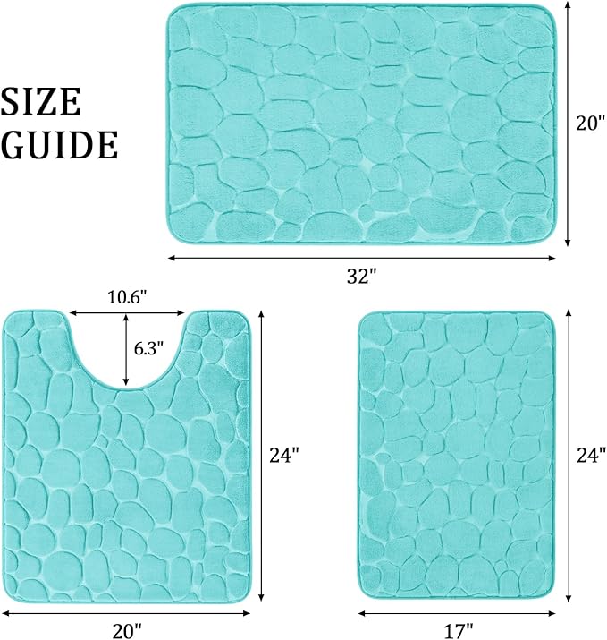 YIHOUSE Bathroom Rugs Mat Set 3 Piece Teal, Memory Foam Bath Mats Sets, Non Slip Water Absorbent Washable Bath Rugs for Sink, Toilet and Floor