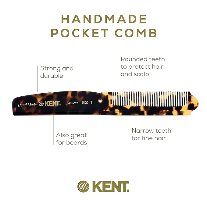 Kent 82T TY Handmade Folding Pocket Comb for Men, Fine Tooth Hair Comb Straightener for Everyday Grooming Styling Hair, Beard or Mustache, Use Dry or with Balms, Saw Cut Hand Polished, Made in England