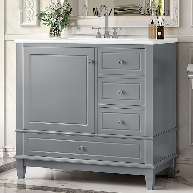 Harper & Bright Designs 36" Bathroom Vanity with Sink, Free Standing Single Vanity Set with 3 Drawers and One Door with Storage Racks, Wooden Storage Cabinet with Ceramic Basin for Bathroom, Grey