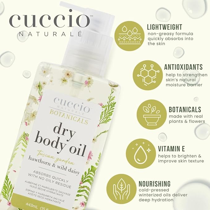 Cuccio Naturale Hydrating Dry Body Oil – Hawthorn & Wild Daisy, Fast‑Absorbing Non‑Greasy Moisturizer for Soft Radiant Skin, 15 fl oz