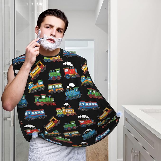 Non-Stick Beard Bib for Shaving, Cartoon Train Black Shave Bib, Waterproof Hair Catcher with Suction Cups, Grooming Apron Men Husband