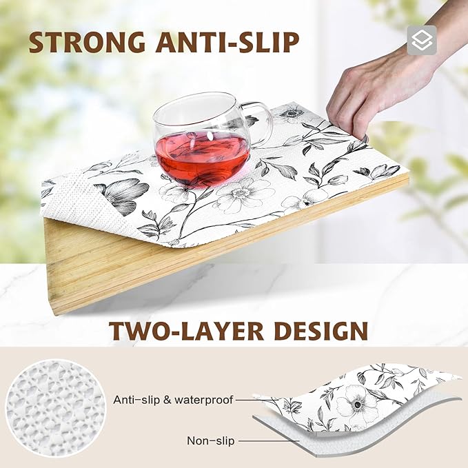 Drawer and Shelf Liner Black Flowers 12in x 20FT, Non Adhesive Anti-Slip Double Layer PVC Reusable Thickened Waterproof Easy Clean for Kitchen Cabinets Refrigerator with Knife Tape Measure