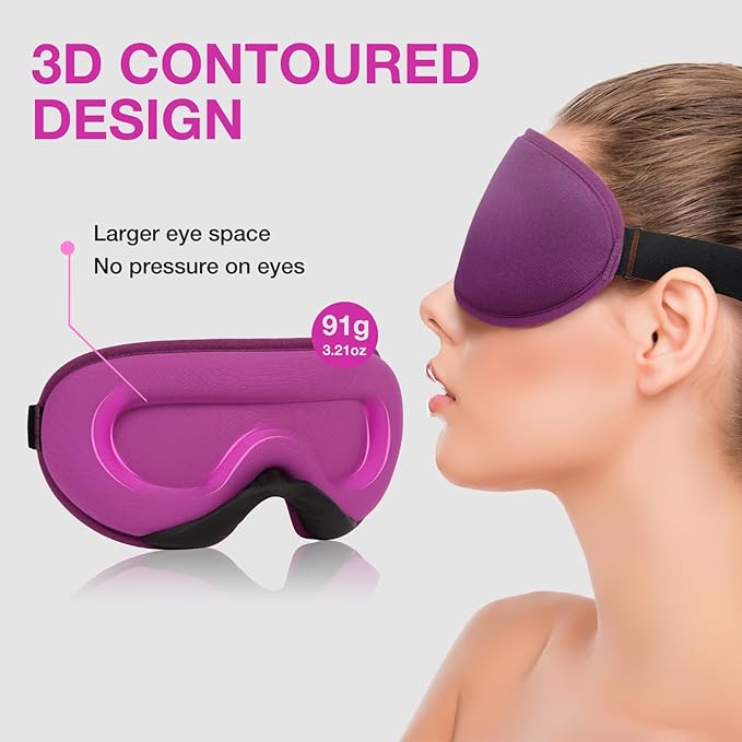 LYSIAN Sleeping Mask for Women, 3D Contoured Block Out Blindfold Travel Eye Mask with Earlugs for Plane,Meditation,Yoga(Purple)