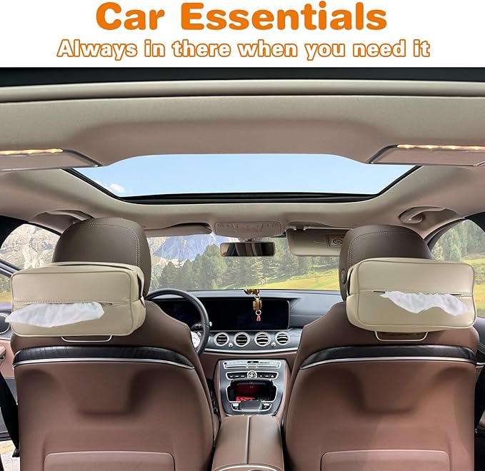 Large Car Tissue Holder for 120 Standard Tissues, Premium PU Leather Tissue Holder in Car Backseat Rectangular, Napkin Holder for Car Fits for Kleenex Tissues Box Daily Use Black (1, Beige)
