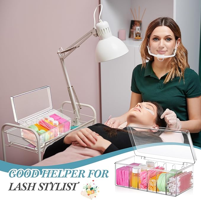 1 Pcs 8.5 x 4.9 x 3.5 Inch Large Capacity Acrylic Lash Extension Cart Organizers and Storage 6 Divided Eyelash Extension Supply Storage Box Clear Eyelash Cart with Lid Technician Lash Techs