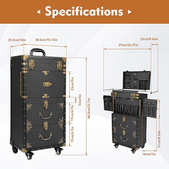 Beauty Salon Luggage with Makeup Hairdressing Tools Storage,32 In-Retro Travel Organizer Tool Box with Hair Dryer Holder for Stylist,Beauty,Makeup Artist (Black 31.7in)
