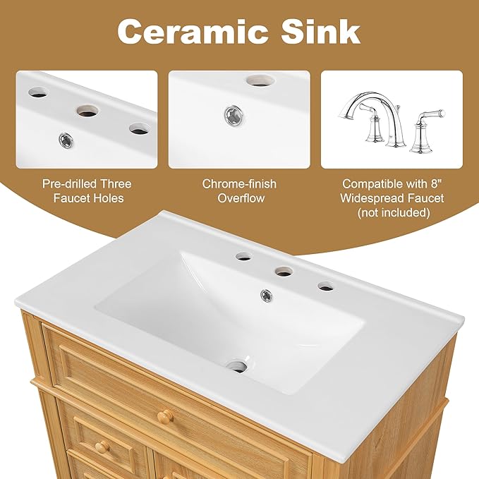Harper & Bright Designs 30" Bathroom Vanity with Sink, Free Standing Single Basin Vanity Set with Tip-Out Drawer, 2 Drawers, and 2 Doors, Wood Bathroom Cabinet with Ceramic Basin for Bathroom, Wood