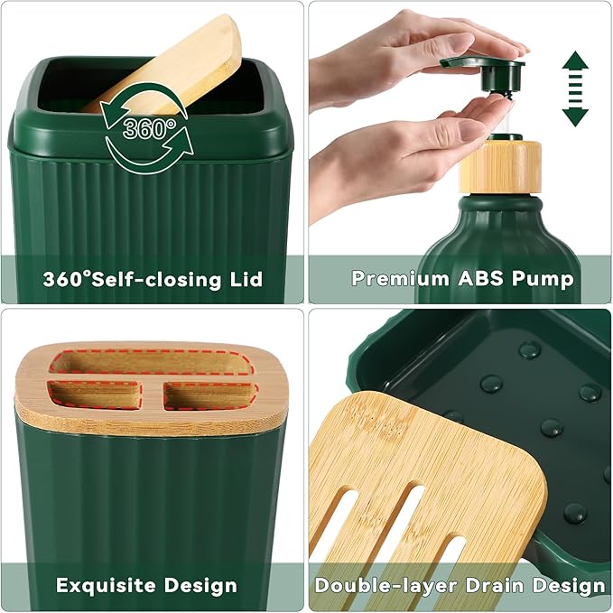 32PCS Dark Green Bathroom Accessories Set with Shower Curtain,Rugs,Trash Can,3PCS Lotion Soap Dispenser, Toothbrush Holder, Soap Dish,Tumbler Cup,6PCS Wood Tags Bath Accessories with Tray for Bathroom