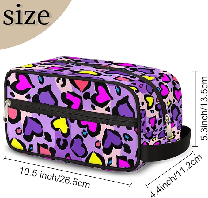Heart Shape Leopard Skin Print Kids Toiletry Bag for Boys Girls, Cosmetic Makeup Bag with Handle, Travel Shaving Kit Organizer, Waterproof Portable Wash Bag for Gym Vacation Camping Sports