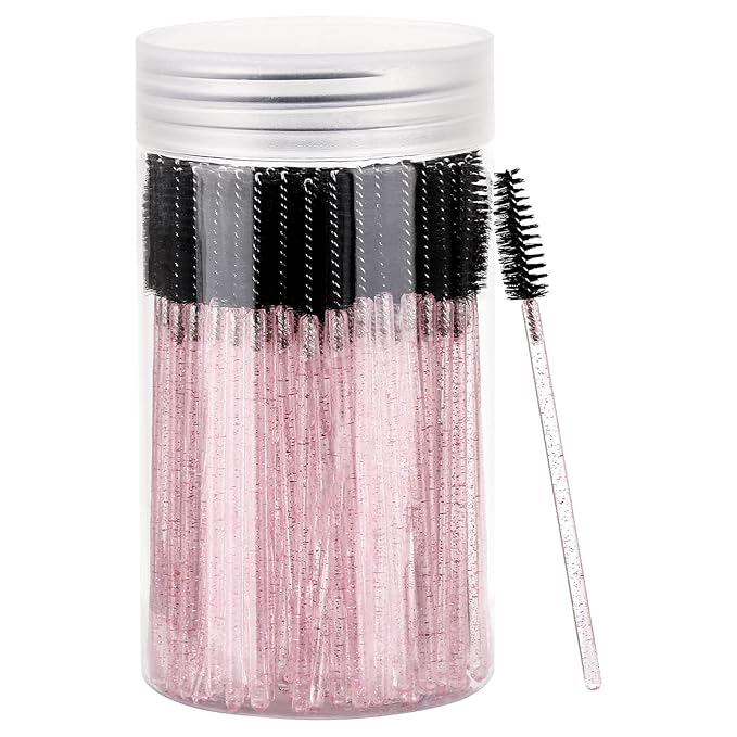 100 Pcs Disposable Mascara Wands, Crystal Eyebrow Spoolies Brush for Eyelash Extensions, Lash Brushes with Container (Black, Pink)