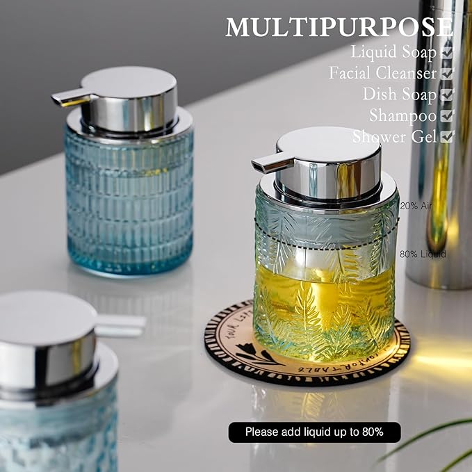 Glass Foam Soap Dispenser for Kitchen & Bathroom - Refillable Liquid Soap Dispenser with Large Silver Pump (Leaf Pattern-Blue)
