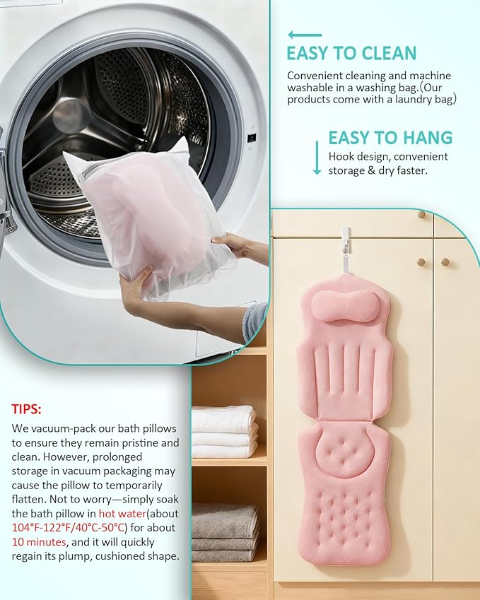 Full Body Bath Pillow for Bathtub, 5D Thick Tub Pillow for Bathtub with 192 Non-Slip Suction Cups, Laundry Bag & Hook, Bathtub Pillow for Head, Neck & Back Support (Pink, 51"*15")