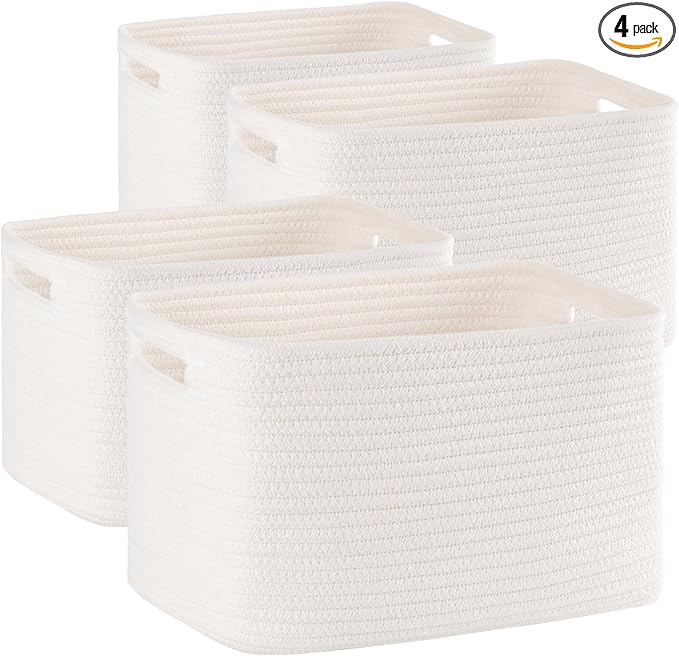 4 Pack Storage Baskets for Organizing, Woven Baskets for Shelves - Perfect for Toys, Books, Towels, and Clothes, Durable Gift Basket Bins Toy Storage, 12.7''L x9''W x7.8''H, White
