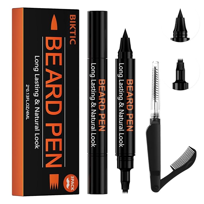 3-Pack Beard Pen Filler for Men, Waterproof & Sweat Proof Long-Lasting Beard Pen Kit with 2 Fillers & 1 Double-Headed Brush – Effectively Enhances Facial Hair (Black)
