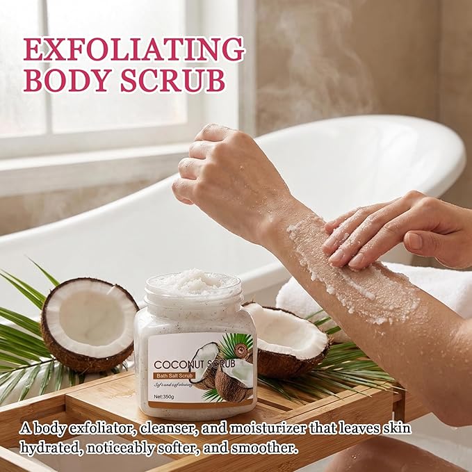Coconut Body Exfoliator, Deep Cleaning Exfoliating Body Scrub, Moisturizing Nourishing Salt Rose Body Scrub, 350 g