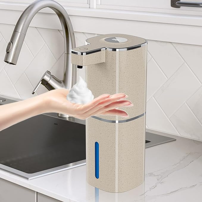 Automatic Liquid Soap Dispenser, Touchless Rechargeable Hand Soap Dispenser, 4 Adjustable Levels, 1200mAh Battery, Large Display, for Kitchen & Bathroom (Light Khaki, Liquid)