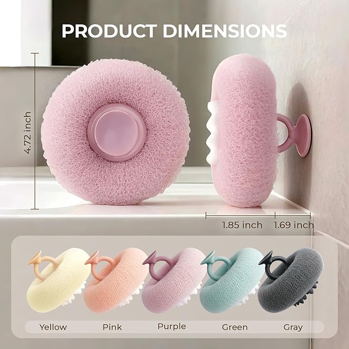 5 Packs Bath Sponge Shower Loofah, 2 in 1 Exfoliating Body Scrubber Exfoliator Net Sponges with Finger Rings, Super Soft Sunflower Suction Cup Bath Ball for Women Men (Pink+Yellow+Green+Purple+Gray)