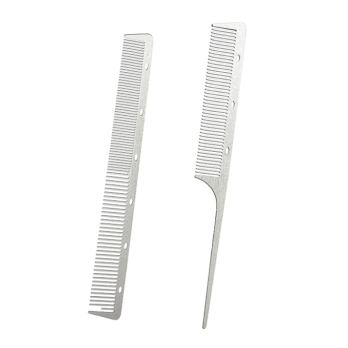 2 Pcs 304 Stainless Steel Metal comb, anti-static, heat-resistant, Ultra-thin, Metal Teasing Comb with Pick, Rat Tail Comb, Wood Grain Design