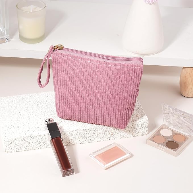 MAGEFY Mini Makeup Bag, Cute Small Makeup Bag for Purse Corduroy Cosmetic Bag for Women with Slip-in Pockets Travel Purse Essentials Lipstick Bag(Pink,Mini)