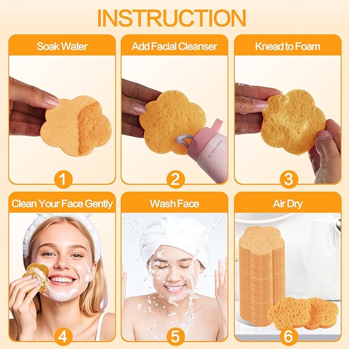 100-Count Facial Sponges Compressed Facial Sponges Natural Facial Cleansing Sponges Pads Cute Flower Shape Exfoliating Sponges for Cleansing Reusable,Best Makeup Gift, Deep Yellow