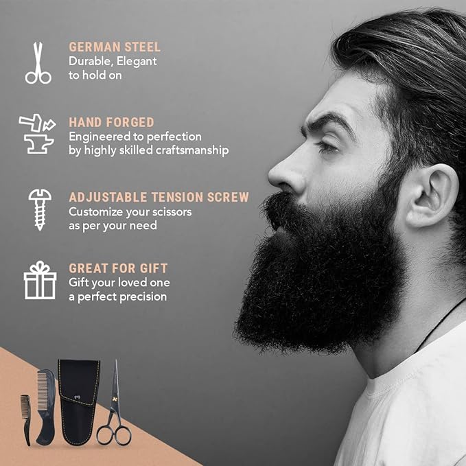 Ontaki Mustache Scissors - 5-Inch, Black - Bevel-Edge Precision & Beard Trimming Scissors - Complete Kit with Mustache Comb & Beard Comb