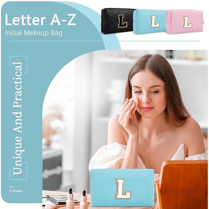 Small Personalized Initial A-Z Preppy Patch Makeup Bag,PU Chenille Letter Travel Cosmetic Pouch with Zipper,Blue Cute Toiletry Bag,Gift Ideal for Teen Girls Women Teacher Bridesmaid,Letter L