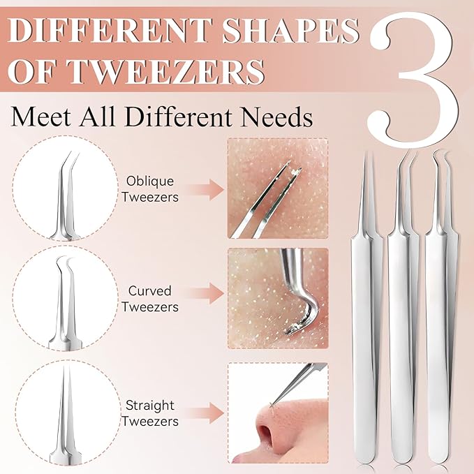 8 Pcs Blackhead Remover Tool Kit – Medical Grade Stainless Steel Acne Removal Set with Tweezers&Needles–Comedone Extractor for Whiteheads,Pimple Popping,Facial Blemish Removal–Nose & Face Care