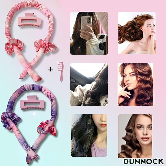 Dunnock Heatless Curling Rods Set Sakura Pink - Heatless Curls Overnight with 34" Hair Curler & 2 Satin Scrunchies No Heat Hair Curlers for Soft Waves & Bouncy Curls Damage Free Hair Styling Tool