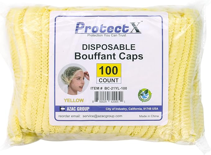 ProtectX 100-Pack Yellow Disposable Hair Nets, Elastic Head Cover, Bouffant Caps, Sanitation Head Cover for Food Service, Spa Men & Women - 21 inch
