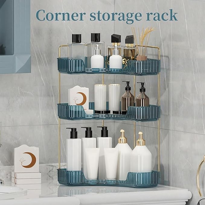 Corner Bathroom Countertop Organizer, Vanity Organizer Trays for Counter, Makeup Organizers, Perfume Tray, Skincare Shelf Storage Gifts for Women Girl Student (Blue, 3 Tiers)