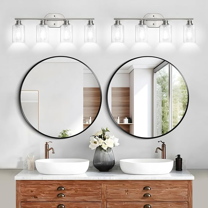 Unicozin Bathroom Light Fixtures, 4 Light Vanity Lights for Bathroom, Brushed Nickel Wall Lamp with Clear Glass for Mirror, Living Room, Hallway, Cabinet, E26 Base