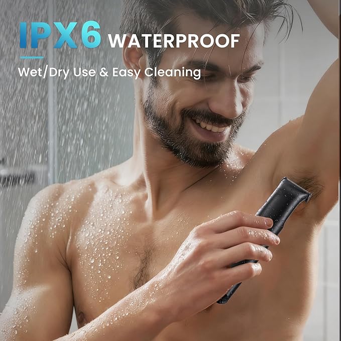Body Hair Trimmer for Men 3-in-1 Groin, Pubic & Ball Trimmer with Skin Safe No-Nick Blades, IPX6 Waterproof Wet/Dry Electric Shaver for Chest, Underarms, Legs, USB-C Rechargeable Groomer Kit