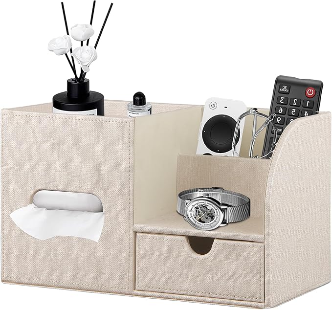 YAPISHI Tissue Box Cover with Storage Tray and Drawer, PU Leather Square Tissue Box Holder, Modern Cube Facial Tissue Dispenser, Makeup Holder, Remote Control Organizer for Nightstand, Bathroom Vanity