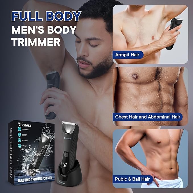 Pubic & Body Hair Trimmer for Men, 2 In 1 Electric Ball Groin Razor Shaver with Ceramic Blade, No Nick Mens Grooming Kit for Wet/Dry Use, Cordless Charging Body Groomer with Led Display, Black