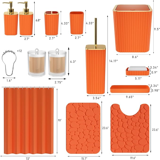 Bathroom Accessories Set - 25PC Bathroom Sets with Shower Curtain and Rugs, Orange Bathroom Accessories with Trash Can, Soap Dispenser, Soap Dish & Toilet Brush