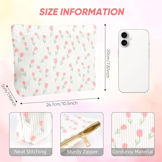 Cute Floral Makeup Pouch for Women Small Make Up Bag for Purse Zipper Initial Makeup Cosmetic Bags Pouches for Purse Aesthetic Travel Toiletry Bags, Pink Rose