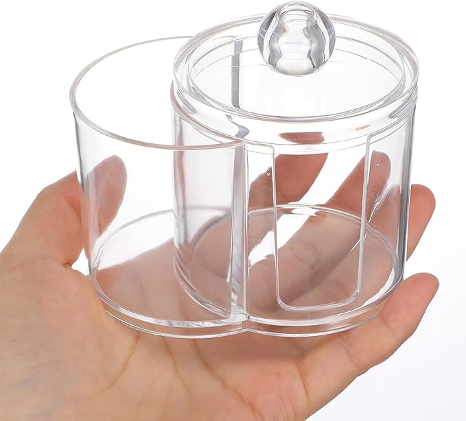 Yolev Qtip Holder with Dual Compartments Clear Cotton Round Holder Plastic Vanity Canister with Removable Dustproof Lid Cotton Swab Container for Cottons Swabs Makeup Storage Container Accessories