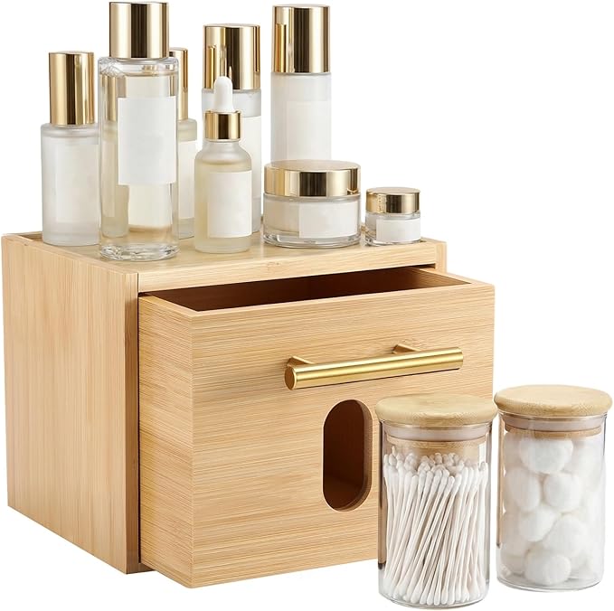 BSSN Face Towels Holder with Glass Cotton Balls Holders , Disposable Towelettes Bamboo Box , Facial Towels Container with Drawer, Towel XL Organizer for Bathroom, Makeup Remover Dry Wipes Washcloths
