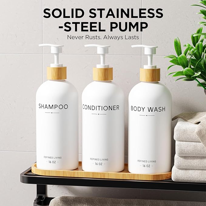 Shampoo and Conditioner Dispenser Set,Shower Soap Dispenser for Bathroom,Refillable Shampoo and Conditioner Bottles with Bamboo Pump and Tray,Soap Dispenser Bathroom for Shower (White, 3-Pack)