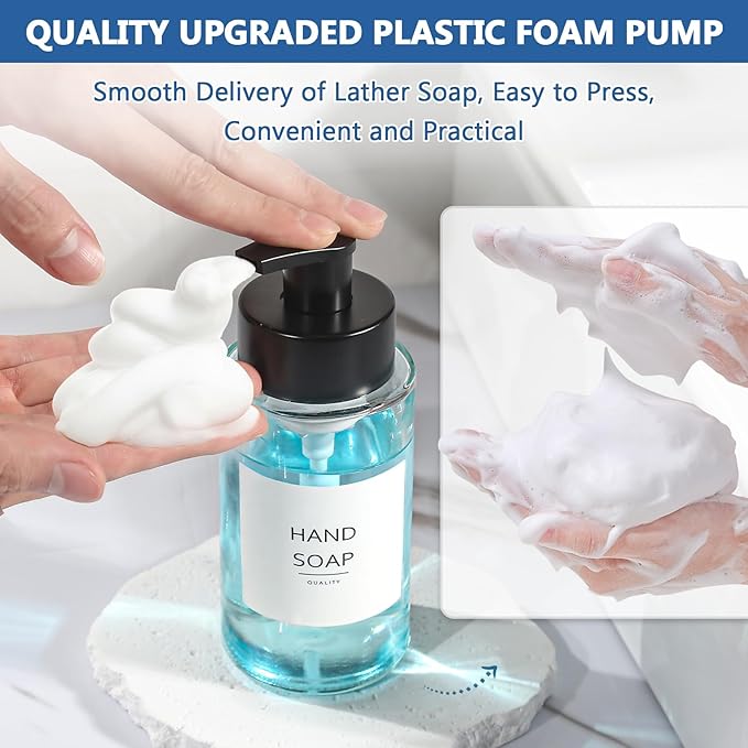Foaming Soap Dispenser, 10 oz/300ml Foaming Hand Soap Dispenser, 3 Pack Glass Foaming Soap Dispenser for Bathroom & Kitchen, Clear Refillable Foam Soap Dispenser Bottle with Waterproof Labels