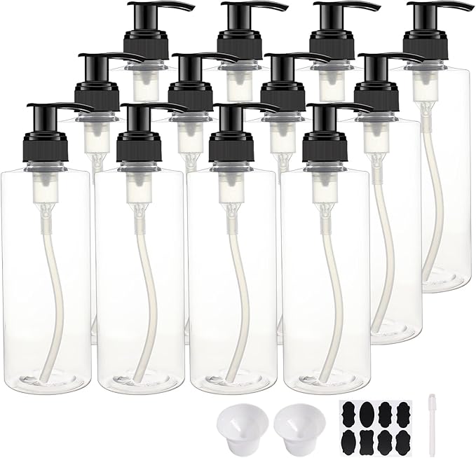 12 Pack 8 oz Plastic Pump Dispenser Bottles for Massage Oil, Shampoo, Lotions, Body Wash Pump Bottles, Cream Refillable Containers with Pump, 2 Funnel, 18 Chalk Labels
