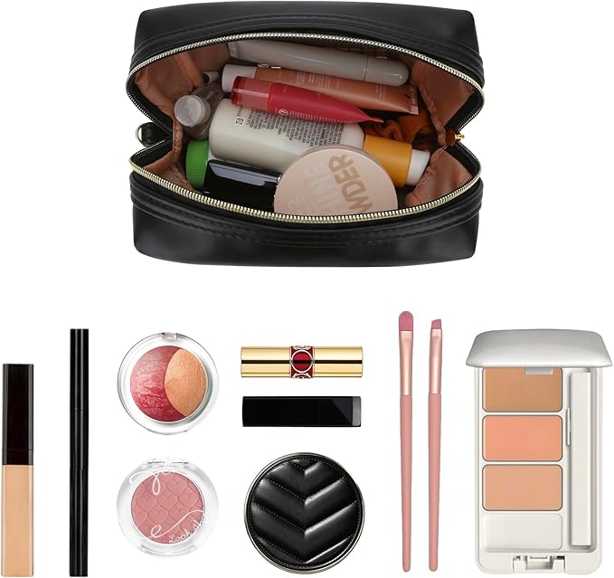 Small Makeup Bag Travel Cosmetic Bag Toiletry Zipper Pouch Make Up Organizer Bag with Handle Purse for Women Soft PU Leather Skincare Case (Black)