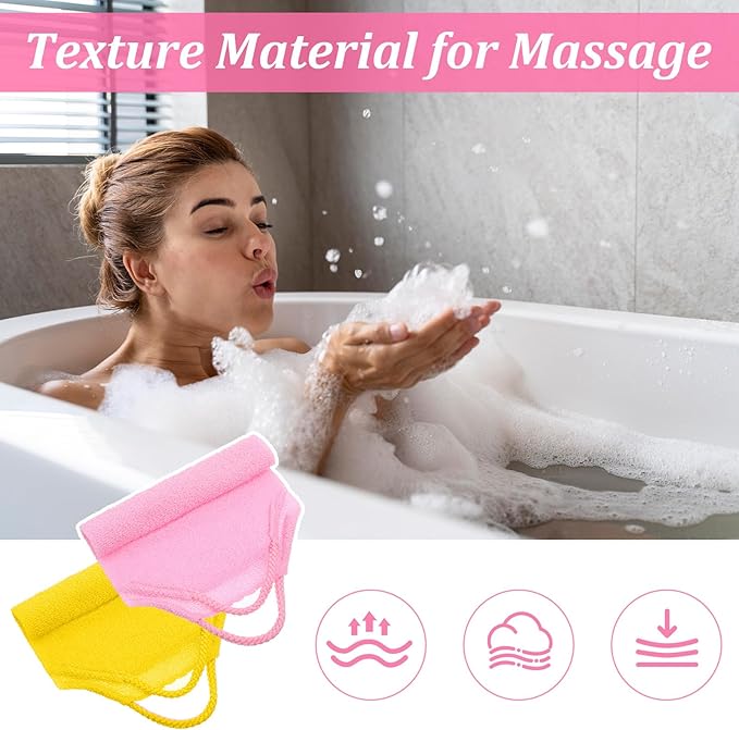 2Pcs Exfoliating Back Scrubber with Handles Nylon Double-Sided Body Scrubber Towel Back Exfoliator Extended Length Washers Scrubbers Stretchable Pull Strap Exfoliating Washcloth (Pink Beige)