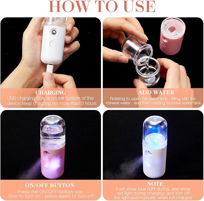 Honoson 2 Pack Nano Facial Mister Spray Bottle Handheld Humidifier Portable Face Mister for Eyelash Extensions USB Rechargeable 1 oz Mini Skin Care Machine for Daily Makeup(Light Pink and Blue)