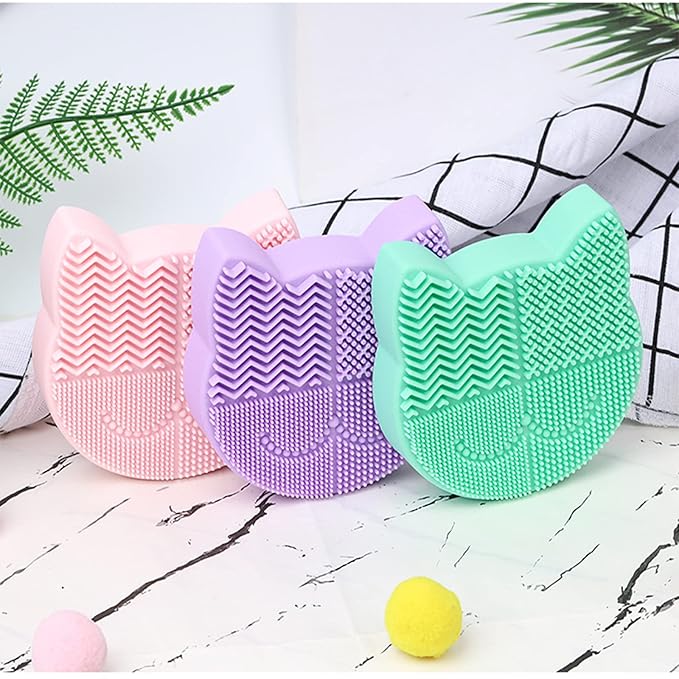 Silicon Makeup Brush Cleaner Mat with Portable Cat Shaped Cosmetic Brush Cleaner Pad - Pink