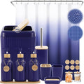 30PCS Navy Blue Bathroom Accessories Set with Waffle Shower Curtain,Trash Can,3PCS Lotion Soap Dispenser, Toothbrush Holder, Soap Dish,Tumbler Cup,6PCS Wood Tags Bath Accessories with Tray