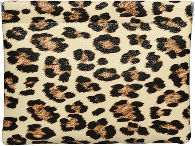 Leopard Leather Small Makeup Pouch for Women,Cosmetic Accessories,Waterproof and Portable Cosmetic Bag,Self-closing, No Zipper, Aesthetic Storage Pouch,Lipstick for Purse,Apricot Color